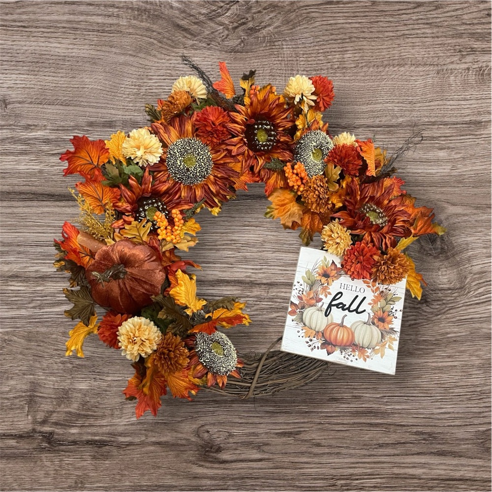 Autumn Harvest Wreath with Sunflowers and Pumpkins